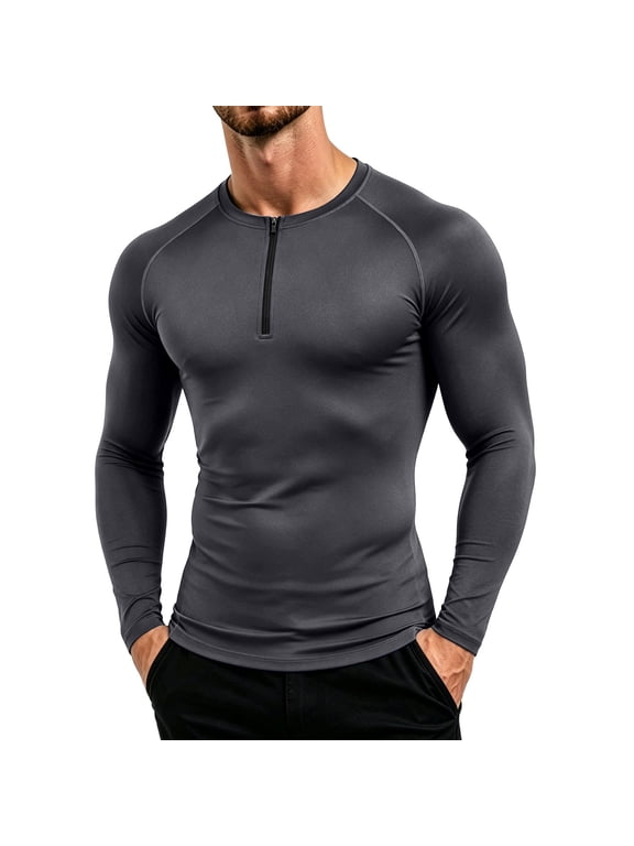 Performance Long Sleeve Mock Neck Athletic Base Layer Top Moisture-Wicking Slim Fit Winter Training Compression Shirt for Men