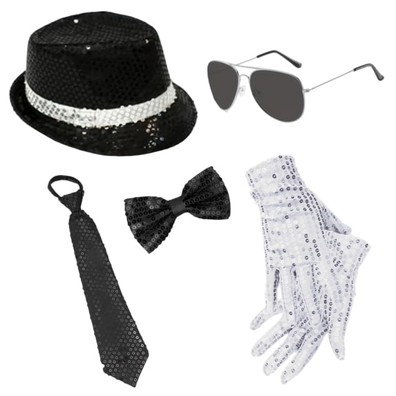 Performance Props, Sequined Hat Disco Costume Set with Glitter Tie Bow Tie Sunglasses and Gloves for Retro Theme Parties and Stage Activities