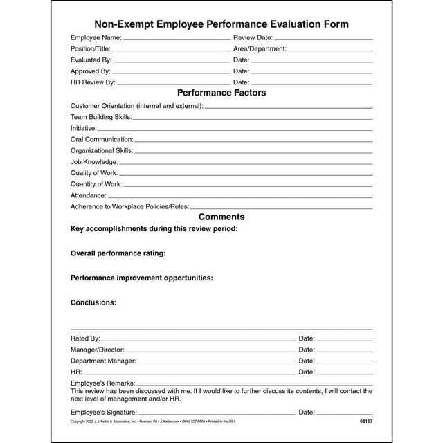 Performance Review Form for Non-Exempt Employee, 8.5 x 11, 75 Pack ...