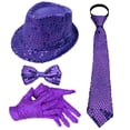 thumbnail image 1 of Performance Theatrical Props Set for Men 1 Glitter Tie 1 Bow Tie 1 Sequined Disco Hat 1 Pair Of Gloves Purple One Size, 1 of 2