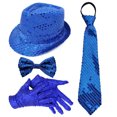 thumbnail image 1 of Performance Theatrical Props Set for Men 1 Glitter Tie 1 Bow Tie 1 Sequined Disco Hat 1 Pair Of Gloves Royal Blue One Size, 1 of 2
