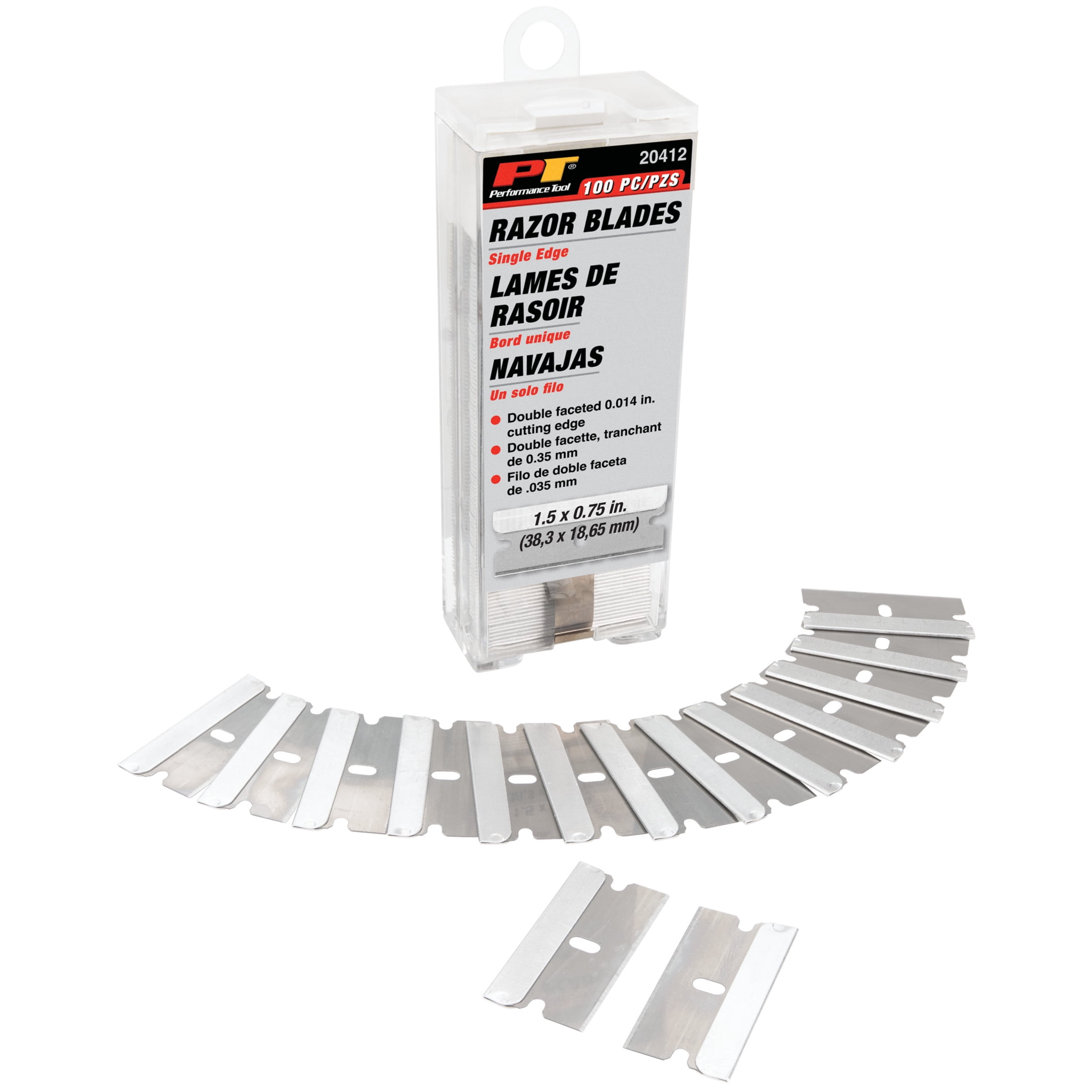 Performance Tool 20412 100 Pack of Single Edge Steel Razor Blades - Carbon Steel, Utility Blades, Storage Box