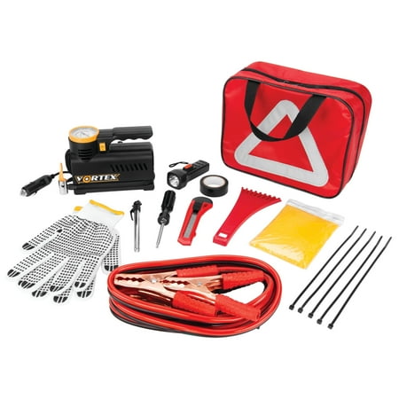 Performance Tool E00012 22 pc. Essential Roadside Assistance Kit: 12V Vortex Tire Inflator, Booster Cables, LED Flashlight, Safety Tools, Emergency Kit, Toolkit with Cable Ties, Gloves, Storage Case