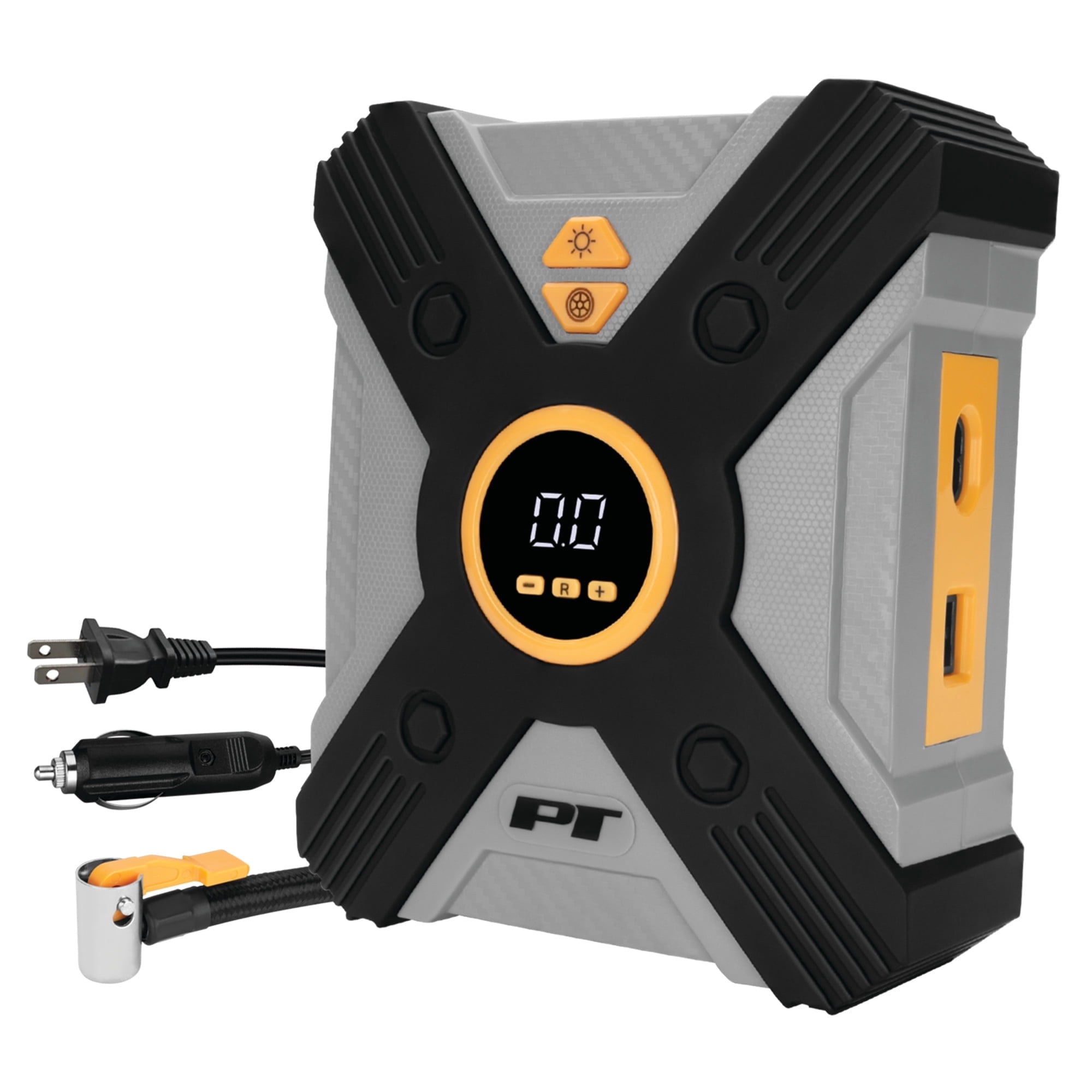 Performance Tool Vortex E00005 AC/DC Powered Tire Inflator w/ LED Light, Lever-Locking Air Chuck, Long Power Cord, Three Nozzles, Gray