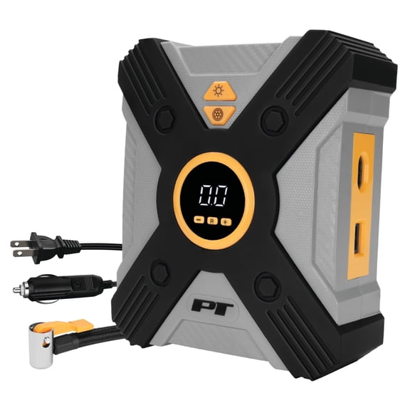 Performance Tool Vortex E00005 AC/DC Powered Tire Inflator w/ LED Light, Lever-Locking Air Chuck, Long Power Cord, Three Nozzles, Gray