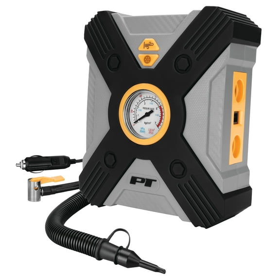 Performance Tool Vortex W7903 12V Raft & Tire Inflator, Lever-Locking Air Chuck, Long Power Cord, Three Nozzles, Gray