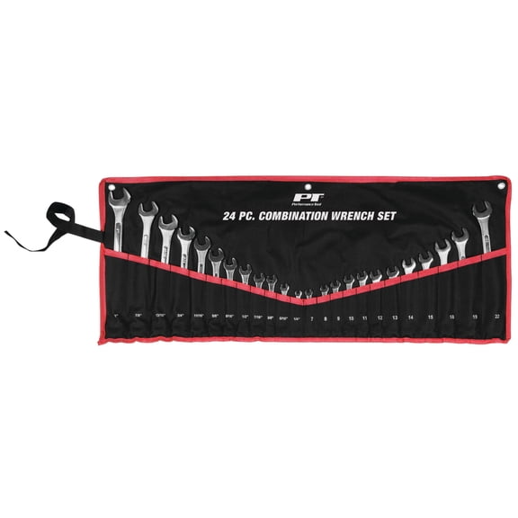 Performance Tool W1074 24 pc. SAE and Metric Combo Wrench Set: 1/4-in to 1-in and 7-22mm sizes, Made of Heat-Treated Steel, Raised Panel Design, Black Roll Pouch for Easy Storage