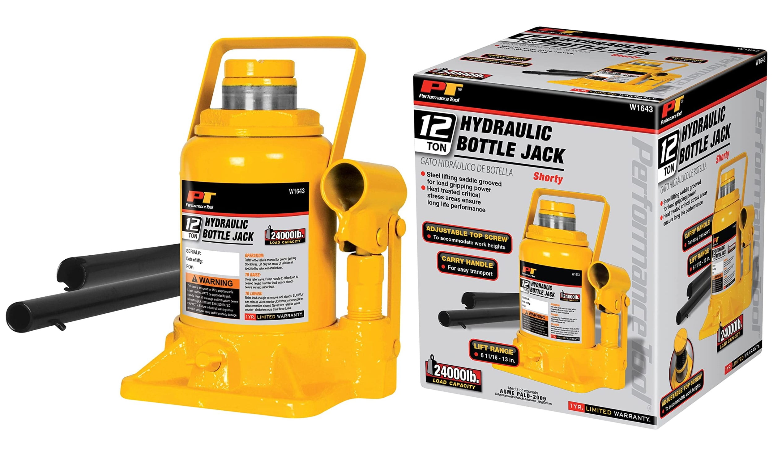 Performance Tool W1643 12Ton 24,000 lb Shorty Hydraulic Bottle Jack