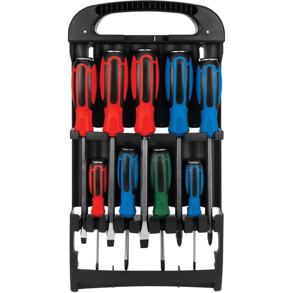 Performance Tool W1742 9 Pc. Screwdriver Set with Rack - Heat-Treated Shafts, Magnetic Tips, Color-Coded Grips