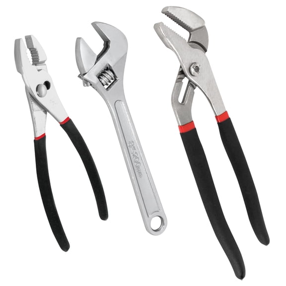 Performance Tool W1781 3 Pc. Hand Tool Set - Includes Slip Joint Pliers, Adjustable Wrench, Groove Joint Pliers, Cushioned Handles, Drop-Forged Alloy Steel, Black/Red