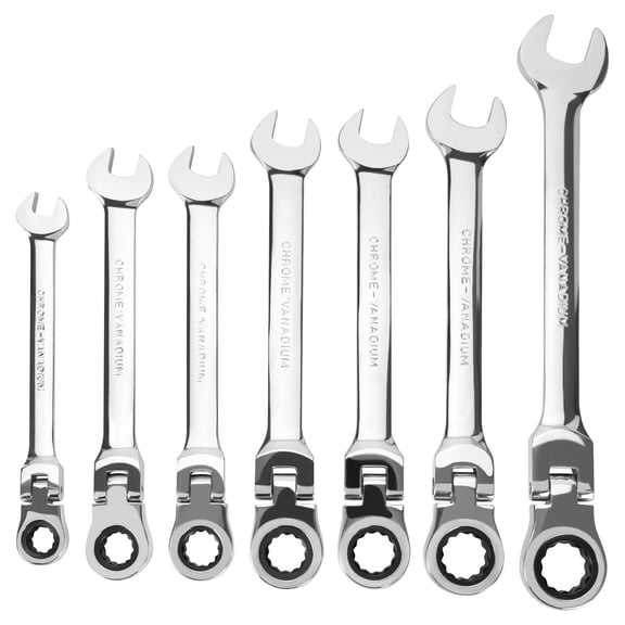 Performance Tool W30637 Flex Head Ratcheting Wrench Set with 180 Degree Pivot, Low Profile Head, and Reusable Storage Rack - 7 Piece Metric Set