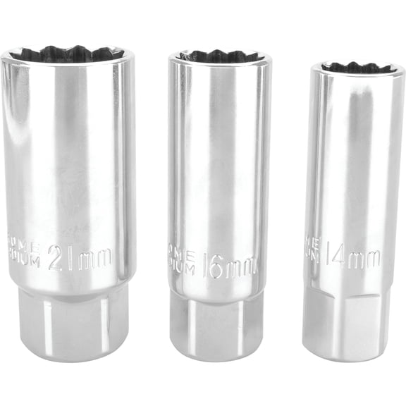 Performance Tool W38174 3-Piece Detent Ball Spark Plug Socket Set, Rubber Free, Chrome Vanadium Nickel Finish, Wrench-Ready Socket End, Includes 3/8-in. 14, 16, and 21mm Sockets