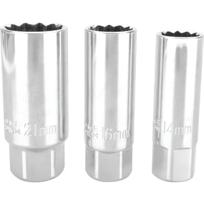Performance Tool W38174 3-Piece Detent Ball Spark Plug Socket Set, Rubber Free, Chrome Vanadium Nickel Finish, Wrench-Ready Socket End, Includes 3/8-in. 14, 16, and 21mm Sockets