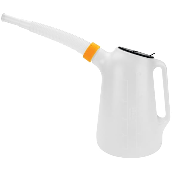 Performance Tool W4046 5 Qt. Oil Jug w/ Lid - Measurement Markings, Pouring Handle, Flexible Spout, Spill-Free Oil Transfer, White