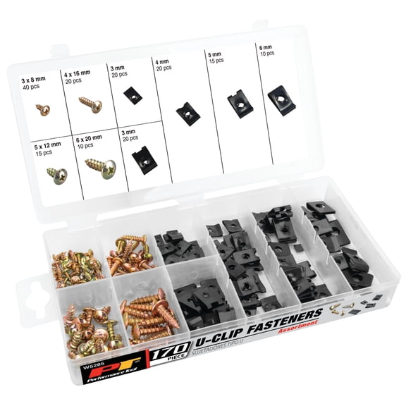 Performance Tool W5285 170 pc. U-Clip Fastener Assortment, Heat-Treated Zinc-Plated Steel, Reusable, Sizes 8-20mm Notched and Un-Notched with Screws and Case, Black