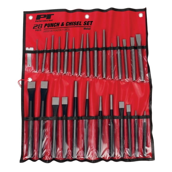 Performance Tool W7540 28-Piece Punch and Chisel Set - Strong 6150 Chrome Vanadium Steel, Heat Treated and Tempered, with Storage Tray Included
