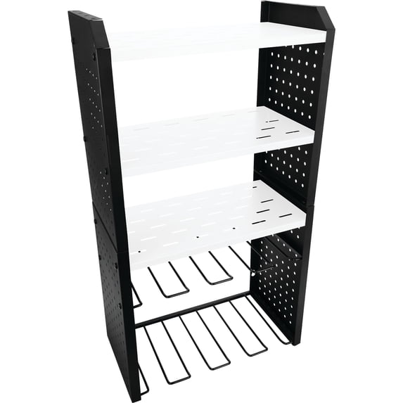 Performance Tool W7704 17-in Five Level Power Tool Storage Rack: 200 lb Limit, 9-Gauge Solid Steel Frame, Baked on Powder Coat Finish with 1/4-in Peg Holes, For Garage/Home, Black/White