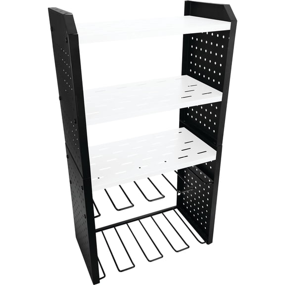 Performance Tool W7704 17-in Five Level Power Tool Storage Rack: 200 lb Limit, 9-Gauge Solid Steel Frame, Baked on Powder Coat Finish with 1/4-in Peg Holes, For Garage/Home, Black/White