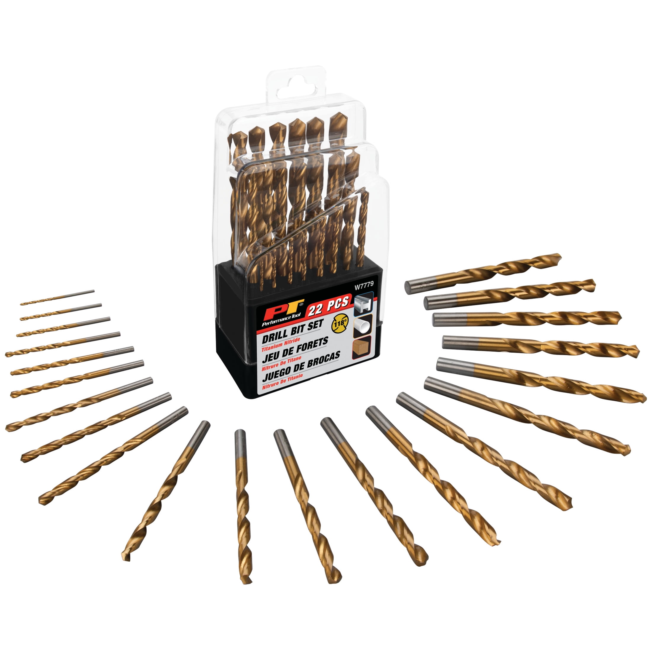Performance Tool W7779 22-Piece Titanium-Coated HSS Drill Bit Set - 118-Degree Bit Set, 1/16 to 3/8 Inch, Wood, Plastic, Soft Metals