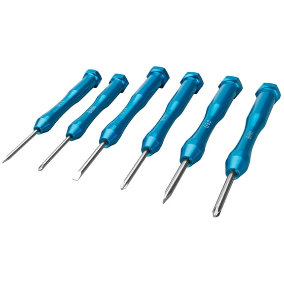 Performance Tool W80032 6-Piece Aluminum Precision Screwdriver Set with Clear Case, 3 Slotted, 3 Phillips, Rotating Cap Aluminum Handles, Precision Ground Tips, Blue Anodized Aluminum Handles