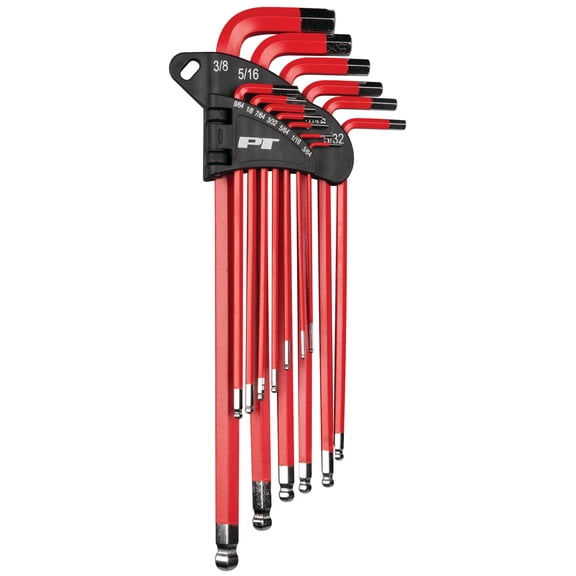 Performance Tool W80202 13 Pc. SAE Long Arm Hex Key Set - Ball End for Angled Use, Powder-Coated, Storage Rail, Laser-Etched, Red