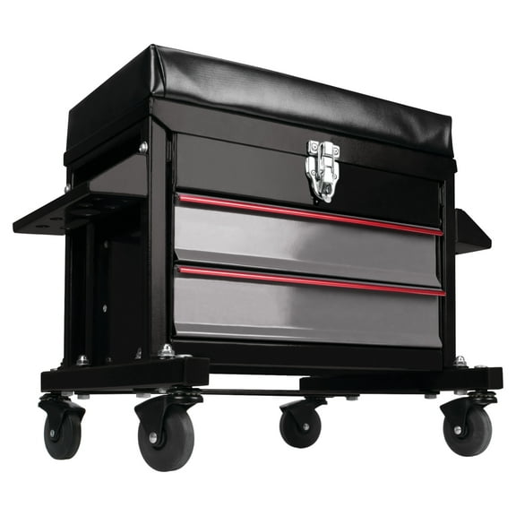 Performance Tool W85024 Drawer 2-Drawer Rolling Toolbox Work Seat - For Mechanic Garages and Workshops, 16x9-inch Seat, Black