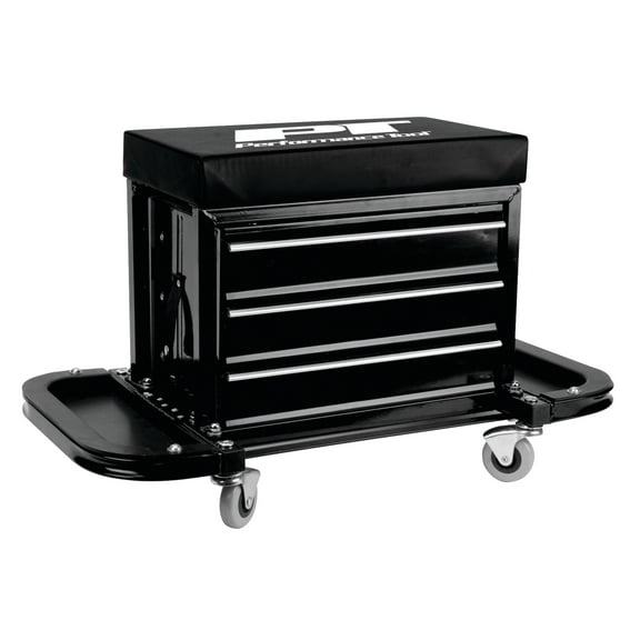 Performance Tool W85025 3-Drawer Rolling Tool Chest Seat with Magnetic Side Trays, 350 Lbs. Capacity, Rear Tray, Black