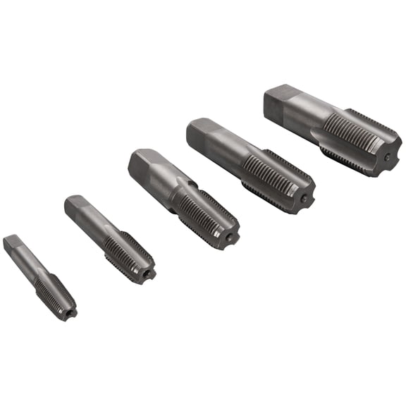 Performance Tool W86950 5 pc. Pipe Tap Set: 1/8 to 3/4-in NPT Sizes, Straight Flute to Remove Chips, Carbon Steel Construction, Comes with Blow-Molded Case, For Plumbing, Automotive and Household