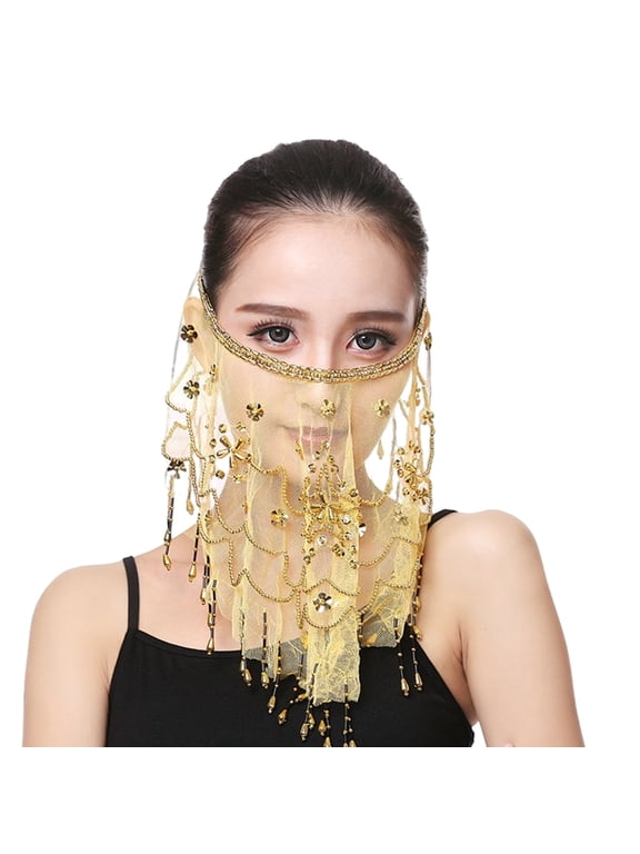 Performance Veil Flower Sequins Beads Decor See-through Lace Belly Dance Tribal Face Veil Breathable Fabric Adjustable Strap Indian Dance Veil Halloween Costume Accessory