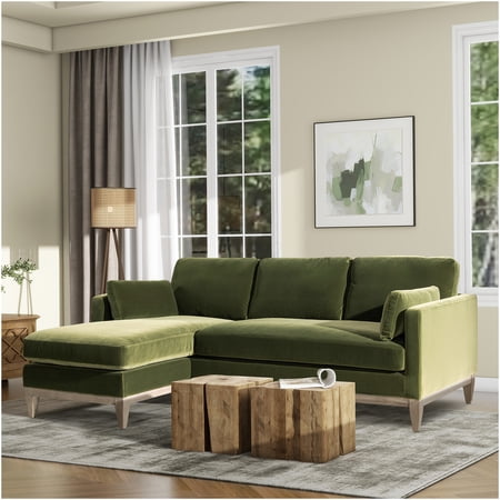 Performance Velvet Sectional Sofa with Reversible Chaise, 89" Green Modern Farmhouse Design