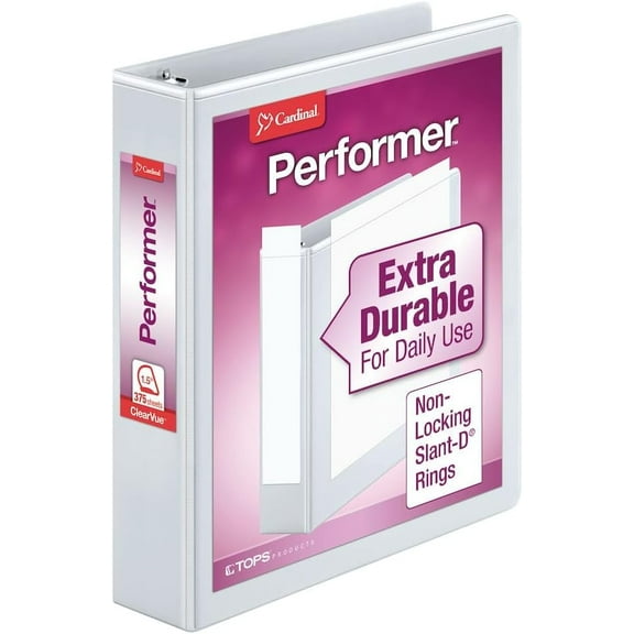 Performer 3-Ring Binder, 1.5", Non-Locking Slant-D Rings, 375-Sheet Capacity, ClearVue Presentation PVC-Free, White (17400CB)