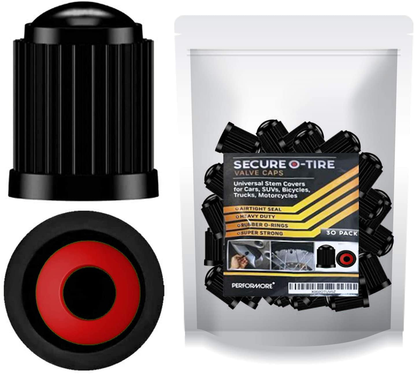 Performore 30 pcs Tire Valve Caps Heavy-Duty Stem Covers with O-Rubber Rings, Universal Car Wheel Tire Valve Stem Caps Dust Cover for Cars, SUVs, Bikes, Bicycles, and Motorcycles (Black)