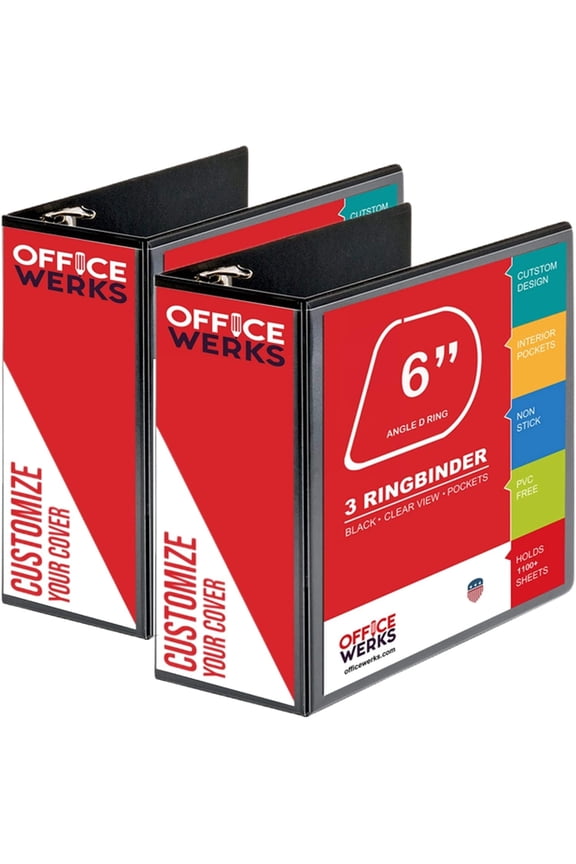 6" Capacity D Ring Binders with Durable Pockets, Black, 2 Pack