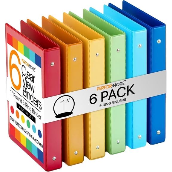 Performore 6-Pack Multi-Color 3-Ring Binders, 1-Inch Round Rings, 8.5x11 Inches, Versatile Binders for Office, Home, & School Use, Assorted Colors (Dark Blue, Green, Orange, Red, Yellow,BrightBlue)