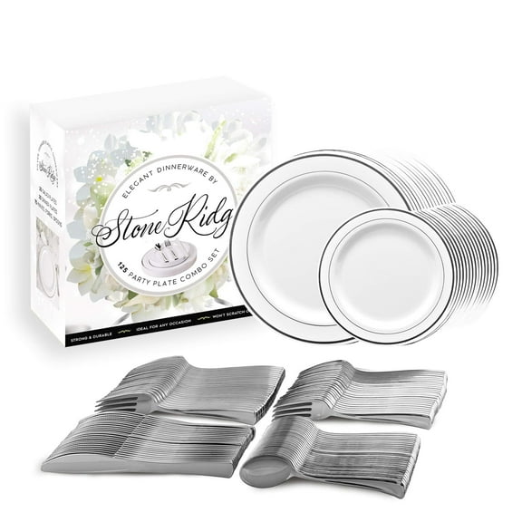 Performore Elegant 125-Piece Disposable Dinnerware Set AFN1with Silver Includes 25 Dinner Plates, 25 Dessert Plates, 25 Forks, 25 Knives, and 25 Spoons - BPA-Free Plastic Party Set for 25 Guests