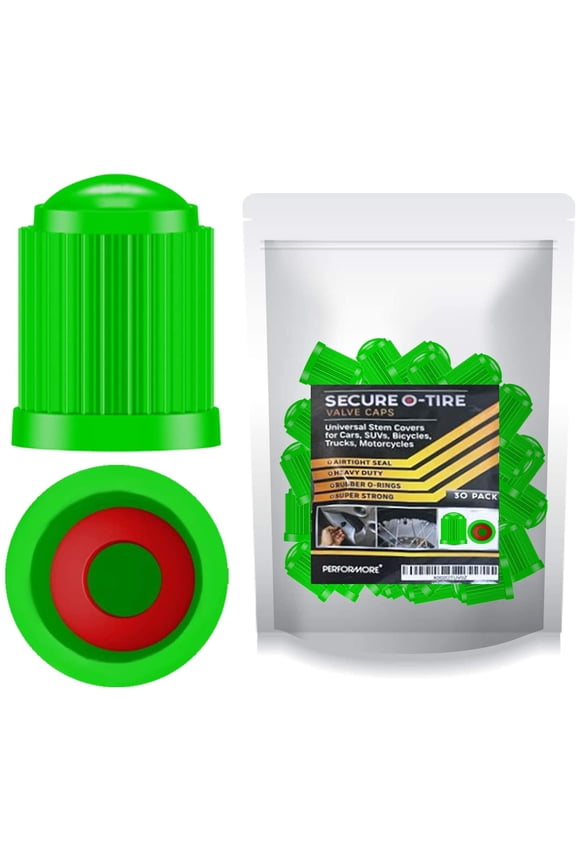 Heavy-Duty Tire Valve Caps with O-Rubber Rings, Green, 30 pcs