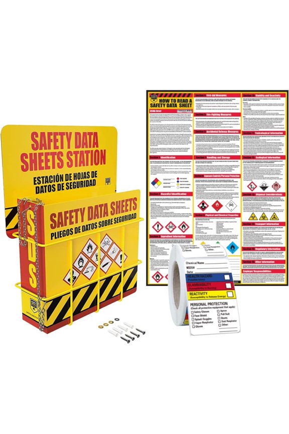 SDS Display Rack -Set with 3 Inch Heavy Duty Ring Binder, Wire Rack, SDS Station Sign, Chain, Mounting Hardware, SDS Poster & SDS Sticker (250 Roll)