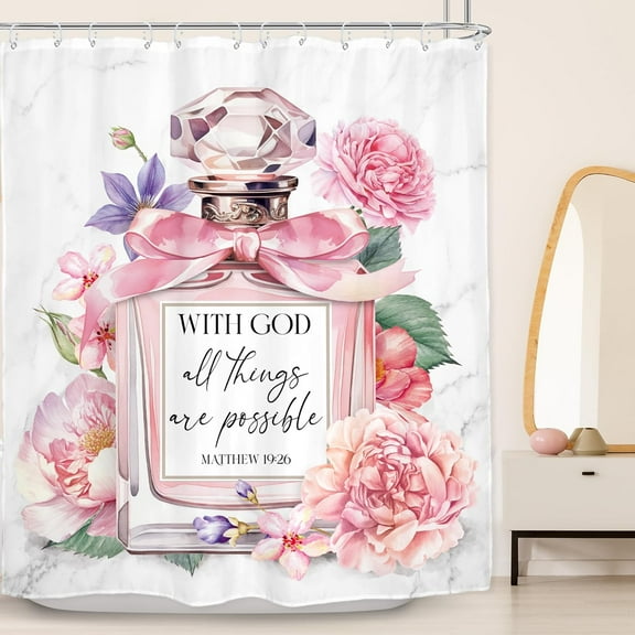 Perfume Bible Verse Shower Curtain Christian Scriptures Fashion Girly Pink Floral Beauty Romance Modern Bathroom Lady Woman Bath Accessories Art Home Decor Fabric Hooks-48"W x 72"L (Pack of 1)