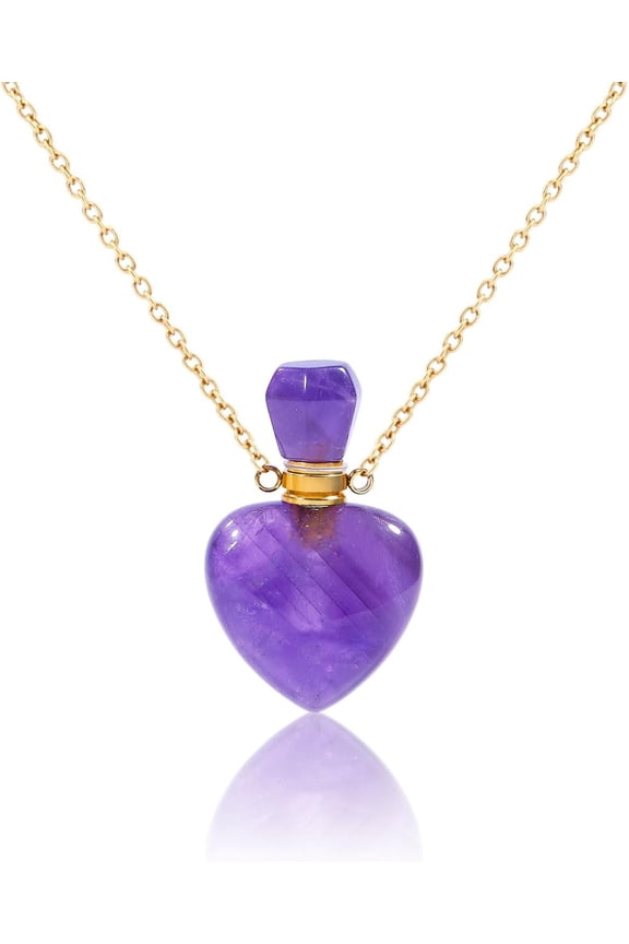 Perfume Bottle Necklace Heart Natural Amethyst Bottle Necklace Heart Perfume Bottle Necklace Oil Diffuser Bottle Necklace with Stainless Steel Chain for Women Jewelry Golden