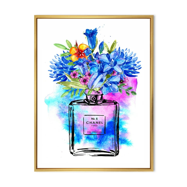 Perfume Chanel Five With Blue Flowers 12 in x 20 in Framed Painting Canvas  Art Print, by Designart 