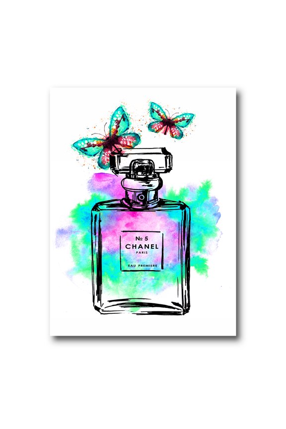 Perfume Chanel Five With Butterflies 8 in x 12 in Painting Canvas Art Print, by Designart