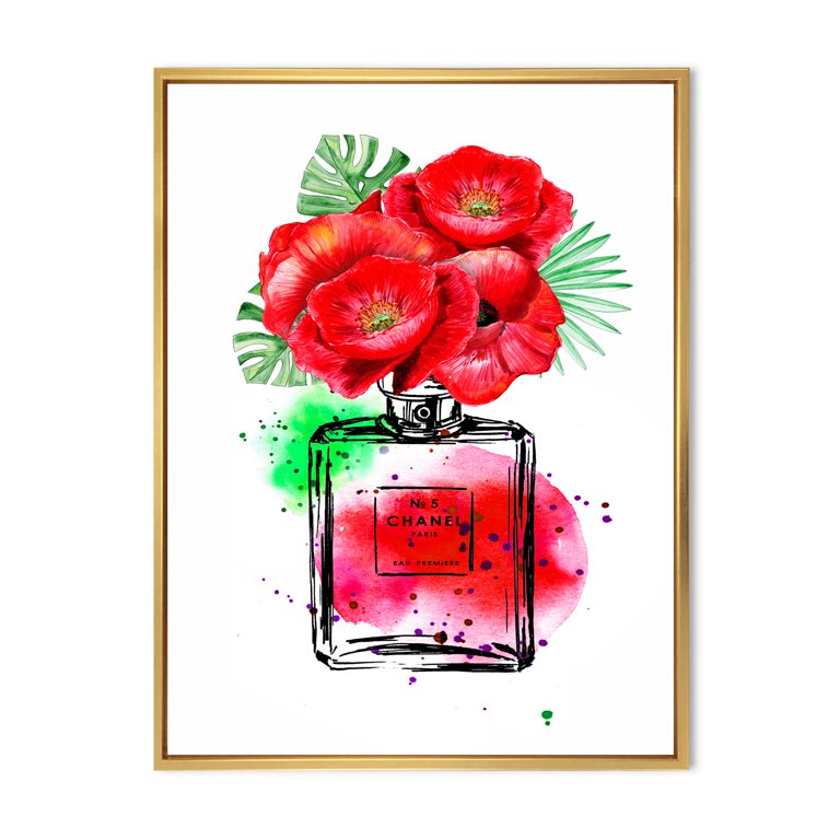 Perfume Chanel Five With Red Flowers 24 in x 32 in Framed Painting Canvas  Art Print, by Designart 