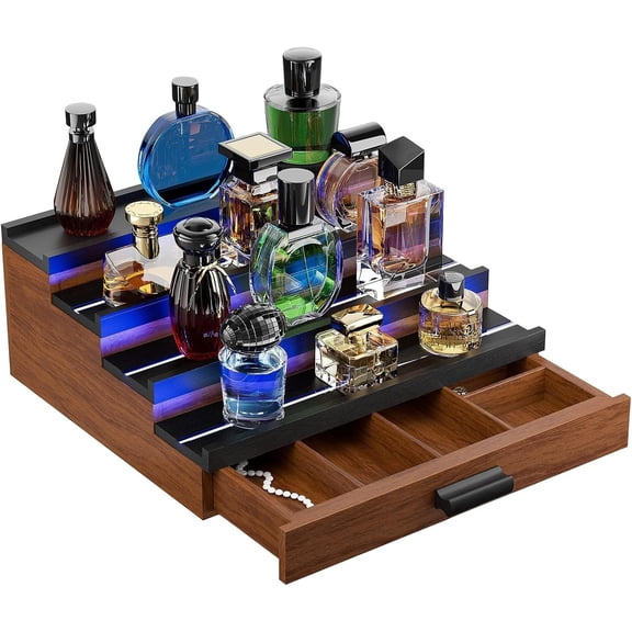 Perfume Cologne Organizer for Men: with LED Light 4 Tier Wooden Perfumes Stand, Desktop Parfum Holder Display Shelf with Cabinet, Bedroom Makeup Lotion Storage Rack with Drawer