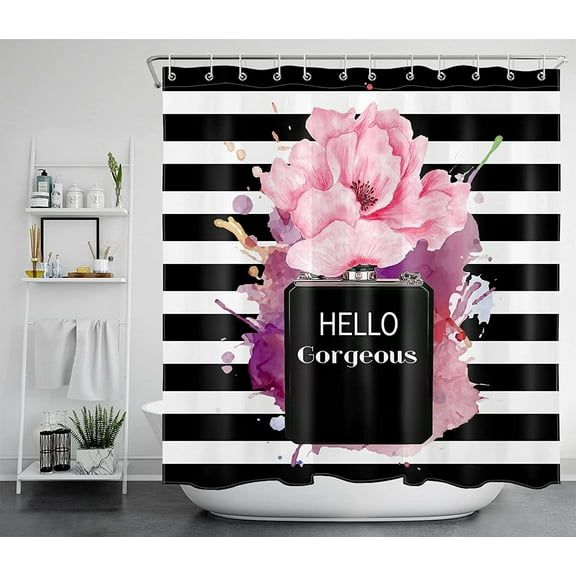 Perfume Girly Shower Curtain Hot Pink Floral Shower Curtains for Bathroom Black and White Stripe Watercolor Art Bathroom Curtain Waterproof Fabric with Hook-36"W x 72"L (Pack of 1)