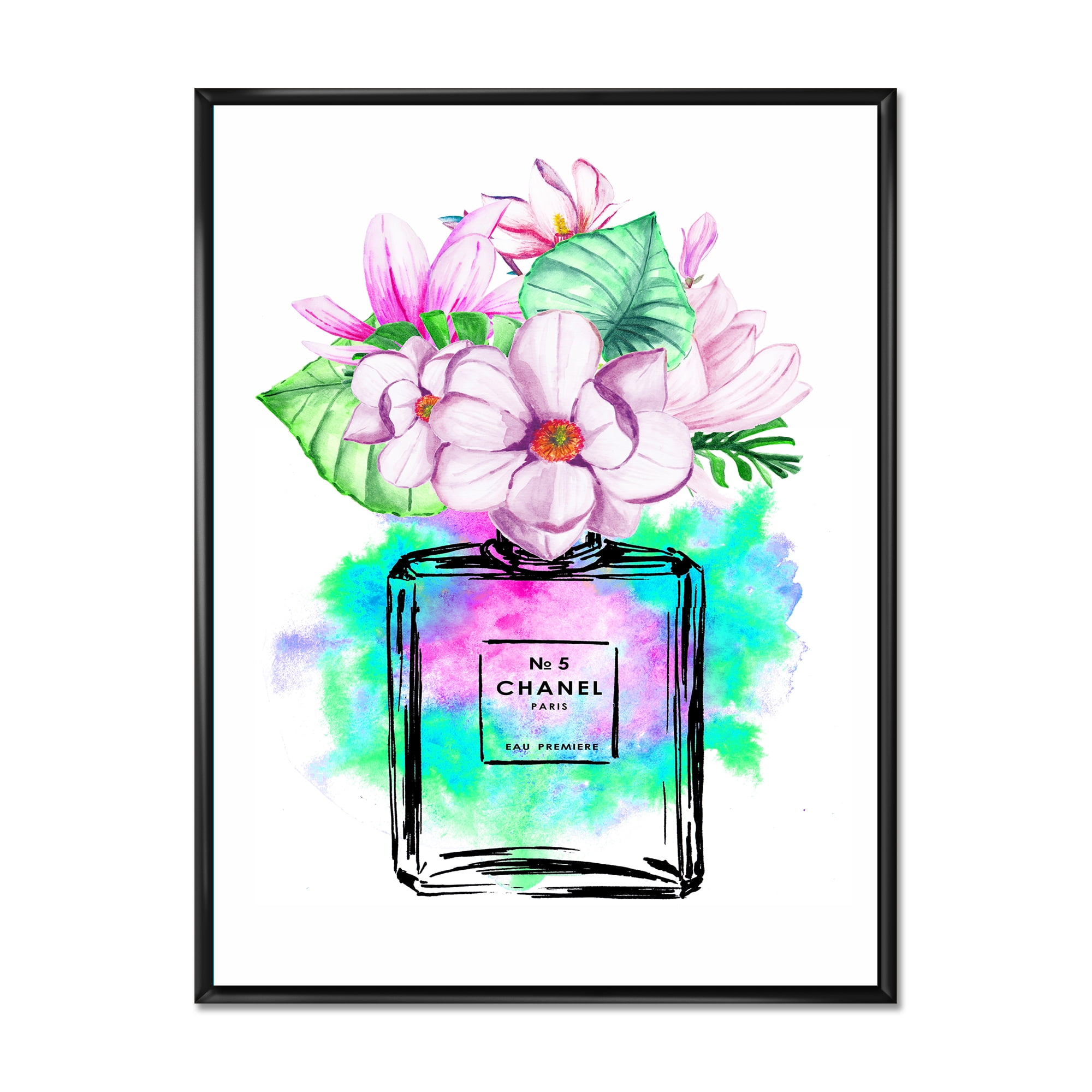 Perfume No. Five Chanel I 16 in x 32 in Framed Painting Canvas Art Print, by Designart