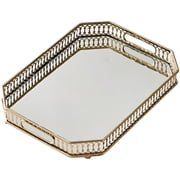 Gold Vanity Mirror Tray with Handles   13.8 x 9.8 Rectangular Metal & Glass Perfume Organizer for Dresser, Jewelry & Makeup, Decorative Tray for Bedroom, Living Room & Entryway
