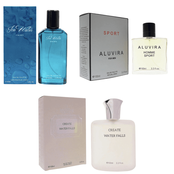Perfumes for Men 3 Pack Set  Ice Water + Create Waterfalls + Aluvira Sport Cologne | Perfume for Him Gift Set
