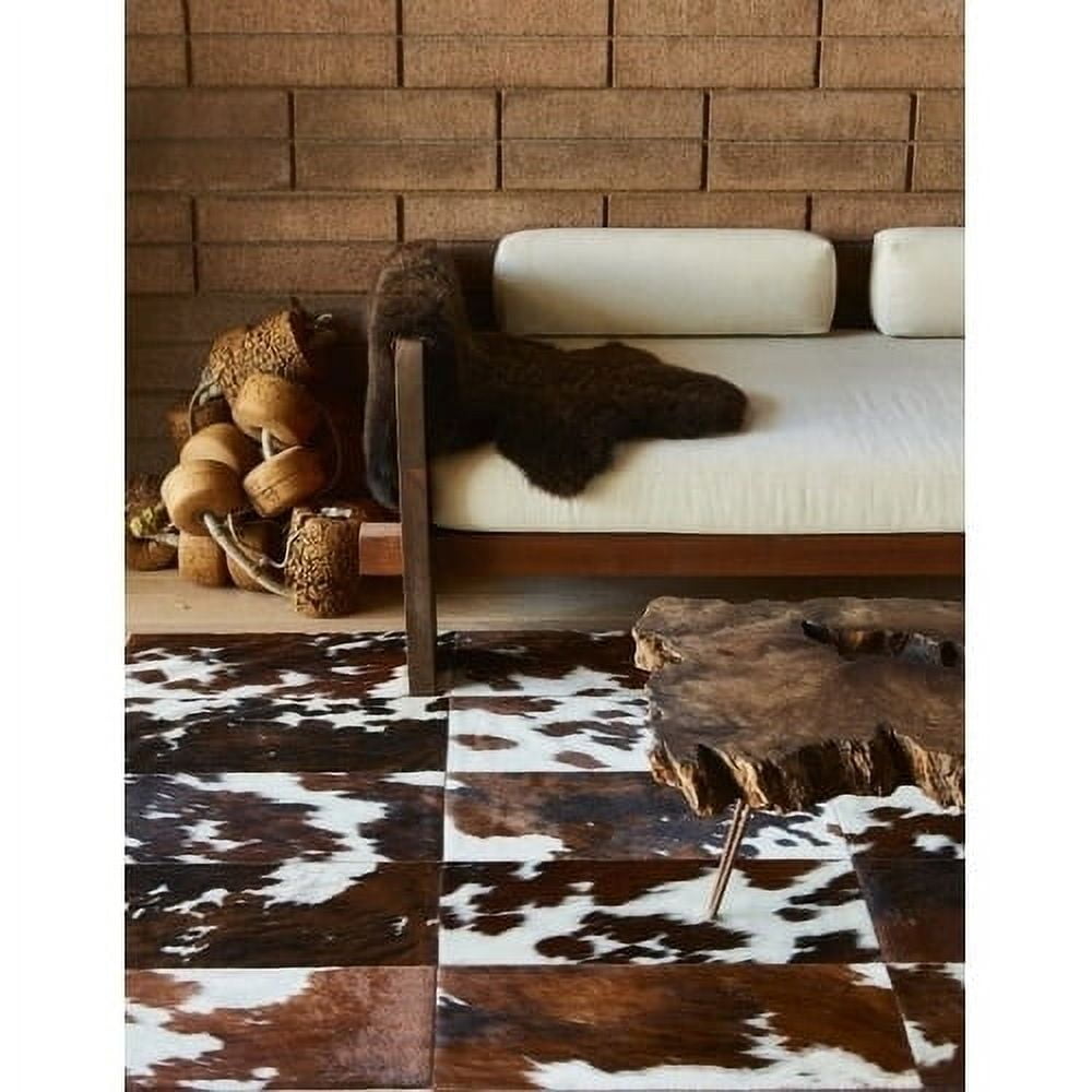 Handmade Tricolor Cowhide Patchwork Rug in Black, Brown, and White