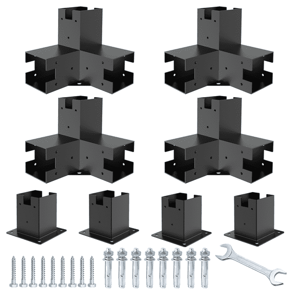 Pergola Brackets 12 Gauge Heavy Duty Steel Modular Modern Outdoor Pergola Hardware Kit DIY Elevated Wood Stand kit Includes 4 Bracket Shoulders 4 Boots for 4x4 (Actual: 3.5x3.5 Inch)