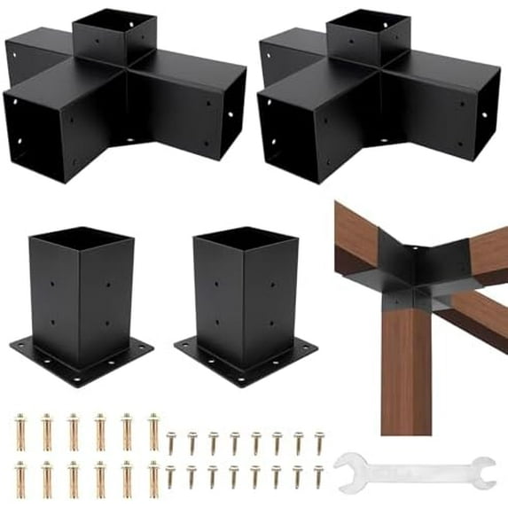 Pergola Brackets 4x4, Pergola Kit Includes 2 Pcs 4-Way 90° Angle Corner Bracket with 2 Pcs Pergola Post Base for 4x4'' (Actual: 3.5x3.5 Inch) Lumber$$Garden & Patio